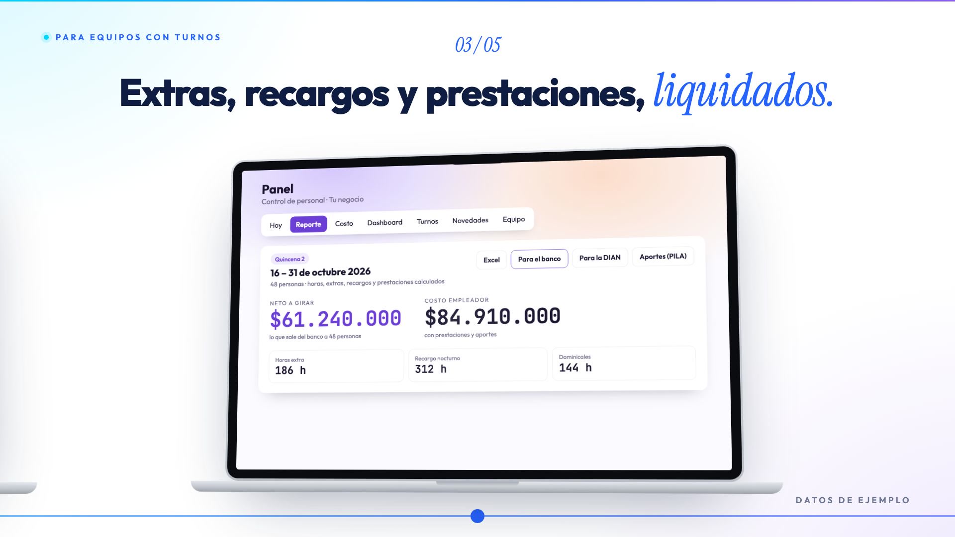 Chequin: la quincena liquidada con extras y recargos, con datos de ejemplo